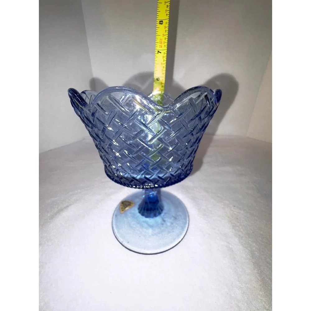 Fenton‎ Blue Basketweave Glass Compote Pedestal Vintage Candy Dish with Bow 7